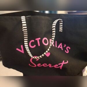 Victoria's Secret Black and Pink Canvas Tote with Striped Handles